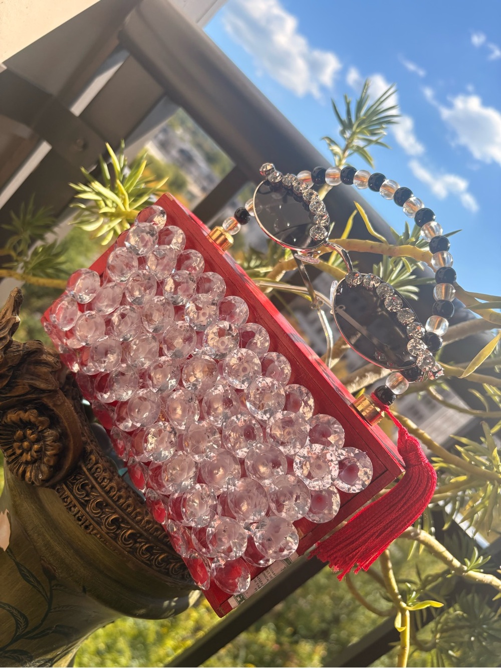 Crystal-Embellished Red Beaded Clutch/
Studded Shades Bundle